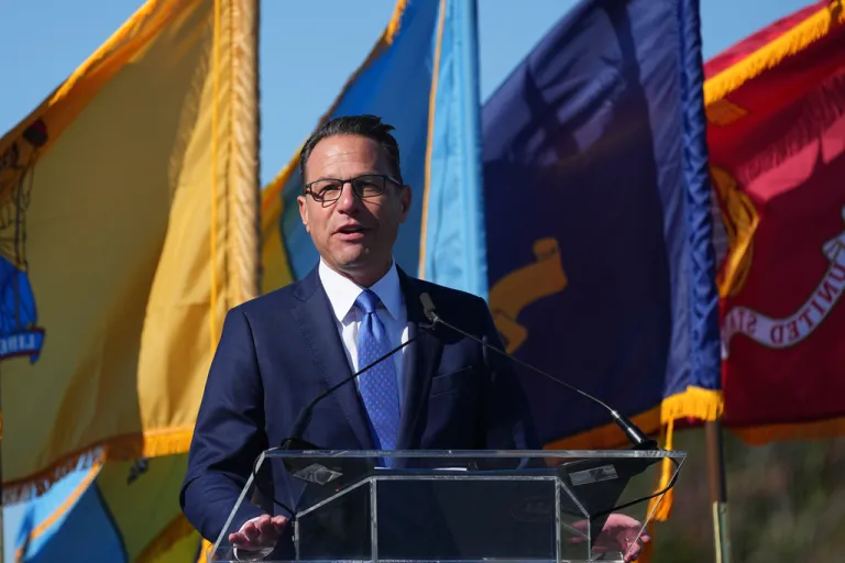 Pennsylvania Gov. Josh Shapiro speaks during the 250th anniversary of the founding of the U.S. Navy and Marine Corps, along the Delaware River, Thursday, Oct. 9, 2025, in Philadelphia. (AP Photo/Matt Rourke)