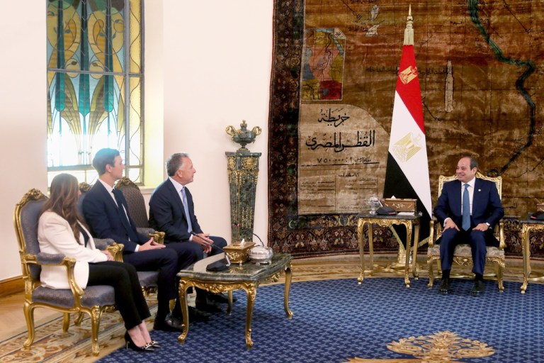 In this photo provided by Egypt's presidency media office, Egyptian President Abdel-Fattah el-Sissi, right, meets with U.S. Special Envoy to the Middle East Steve Witkoff, second right, and Jared Kushner, second left, at the Presidential Palace in Cairo, Egypt, Thursday, Oct. 9, 2025. (Egyptian Presidency Media Office via AP)