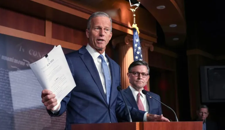 Senate Majority Leader John Thune (R-SD) and Speaker of the House Mike Johnson (R-LA).