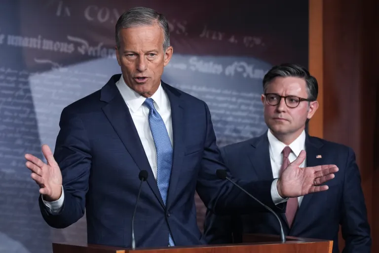 Senate Majority Leader John Thune, R-S.D., left, and Speaker of the House Mike Johnson, R-La., speak at a news conference as the government shutdown begins its tenth day, in Washington, Friday, Oct. 10, 2025. (AP Photo/J. Scott Applewhite)