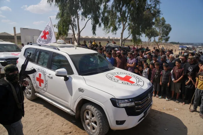 Red Cross vehicles carrying Hamas hostages. 