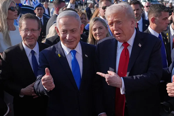 President Donald Trump poses for a photo with Israel's Prime Minister Benjamin Netanyahu before he boards Air Force One at Ben Gurion International Airport, Monday, Oct. 13, 2025, near Tel Aviv, as Israel's President Isaac Herzog watches at left. (AP Photo/Evan Vucci)
