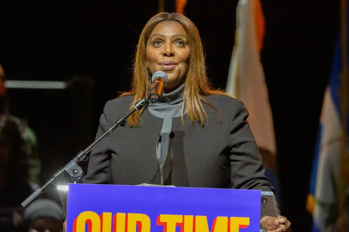 New York Attorney General Letitia James speaks at a campaign rally.