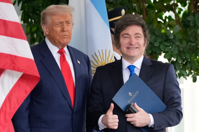 President Donald Trump greets Argentine President Javier Milei at the White House.