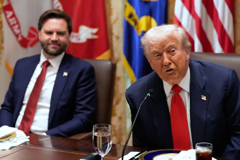 President Donald Trump speaks during a meeting with Argentine President Javier Milei, as Vice President JD Vance listens.
