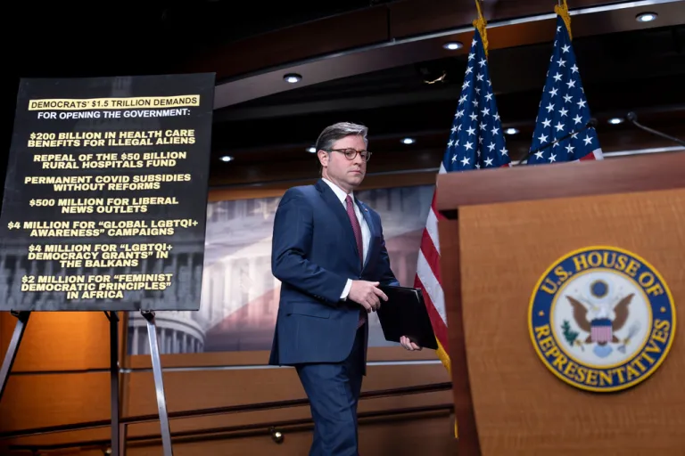 Speaker Mike Johnson (R-LA) prepares for a press conference.