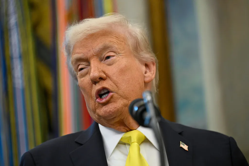 President Donald Trump speaks during an event in the Oval Office at the White House, Wednesday, Oct. 15, 2025, in Washington.