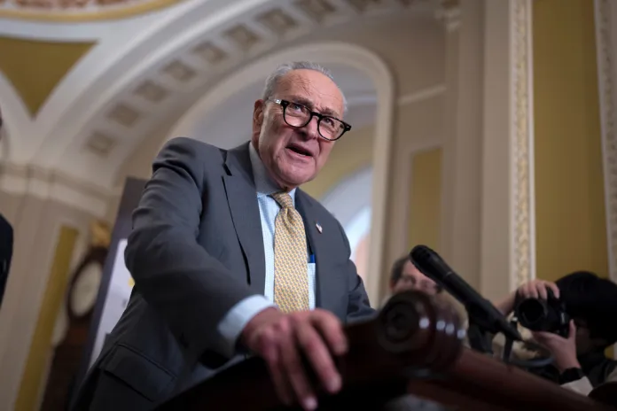 Senate Minority Leader Chuck Schumer, D-N.Y., meets with reporters to talk about the struggle to end the government shutdown, at the Capitol in Washington, Wednesday, Oct. 15, 2025.