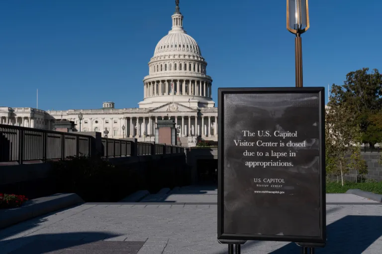 A sign turns away tourists at the entrance to the Capitol Visitor Center.