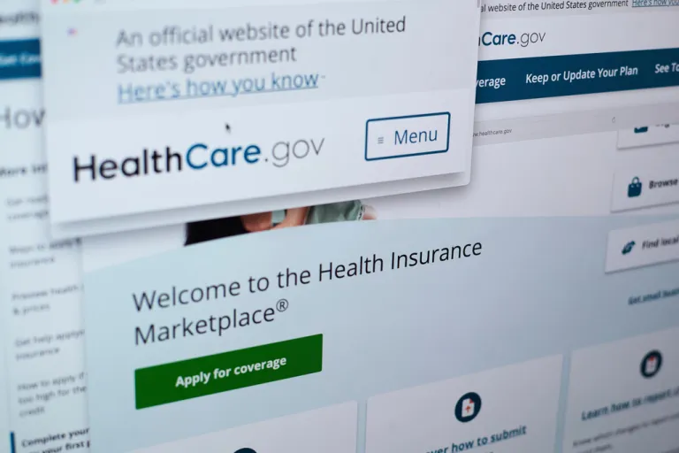 Pages from the U.S. Affordable Care Act health insurance website.