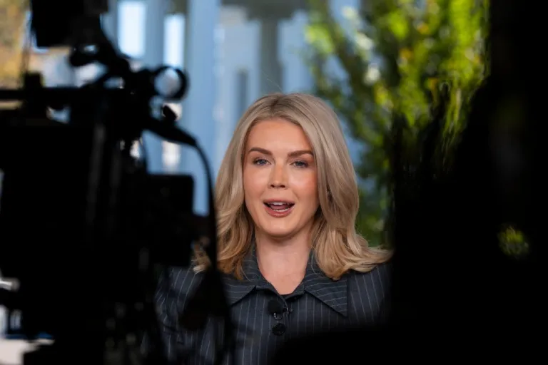 White House press secretary Karoline Leavitt talks to reporters.