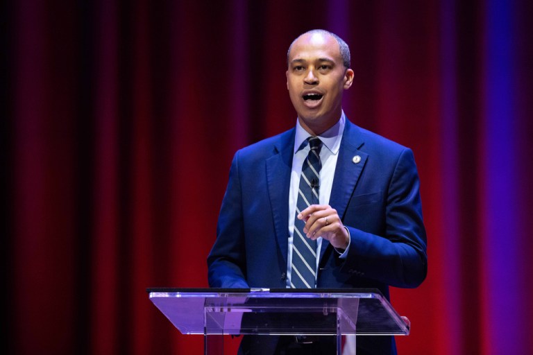 Democrat Jay Jones participates in the Virginia attorney general debate with Republican incumbent Jason Miyares in Richmond, Va., Thursday, Oct. 16, 2025.