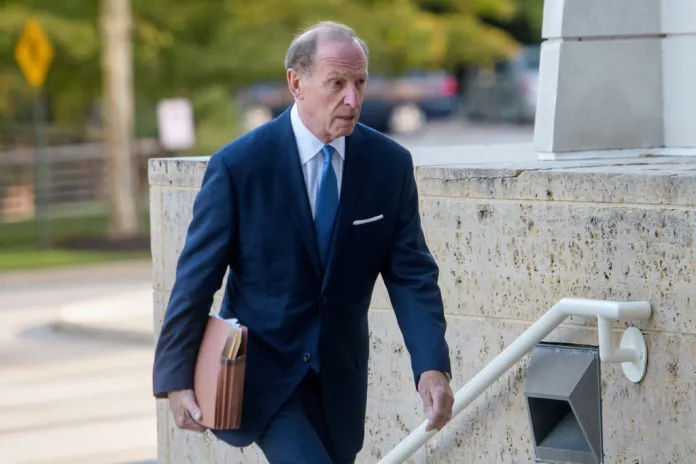 Abbe Lowell, attorney for former Trump administration national security adviser John Bolton, arrives for Bolton's arraignment