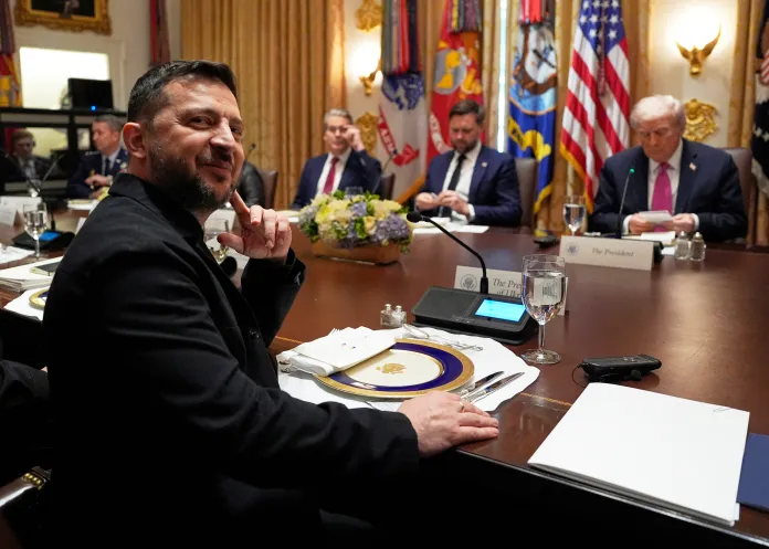 Ukraine's President Volodymyr Zelensky sits before a meeting with President Donald Trump.