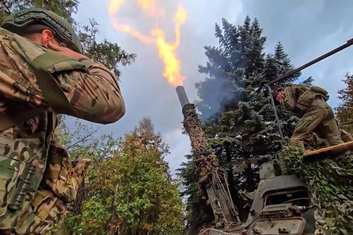 The Russian 240mm "Tyulpan" mortar fires toward Ukrainian positions on an undisclosed location in Ukraine.