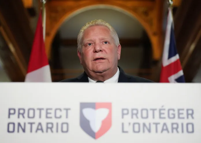 Ontario Premier Doug Ford speaks to the media during a press conference.