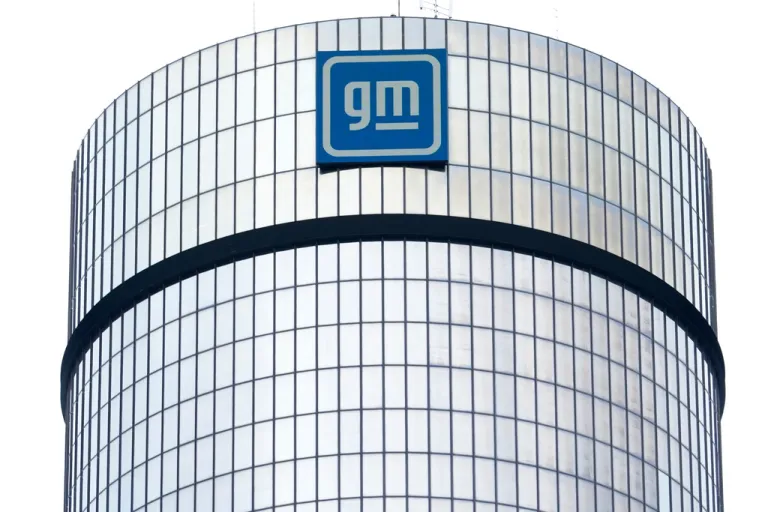 The General Motors logo is seen at its headquarters in Detroit.