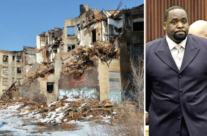 Left, crumbling buildings in Detroit, Jan. 12, 2014.; right, former Detroit Mayor Kwame Kilpatrick is handcuffed after being sentenced to prison for violating the terms of his probation on an obstruction of justice conviction, May 25, 2010. (Paul Sancy/ P; Uli Deck / Picture Alliance/Getty)