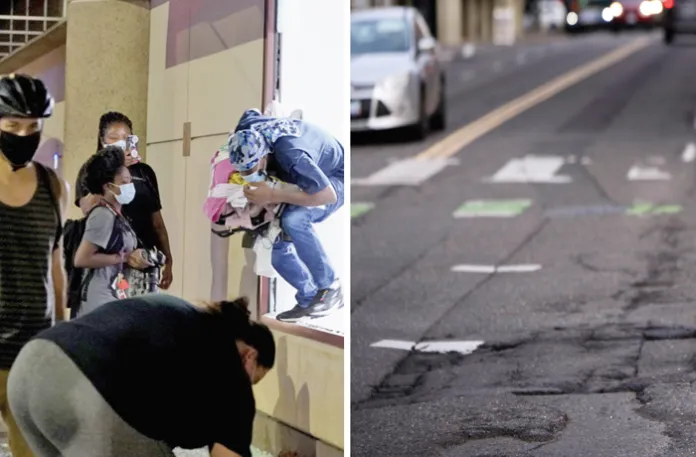 Left, looting at a Saks Fifth Avenue Off 5th store in Minneapolis, Aug. 26, 2020; right, Road decay on West Burnside Street in Portland, Oregon, Feb. 6, 2025. (Leila Navidi/Star Tribune/Getty; Jenny Kane/AP)