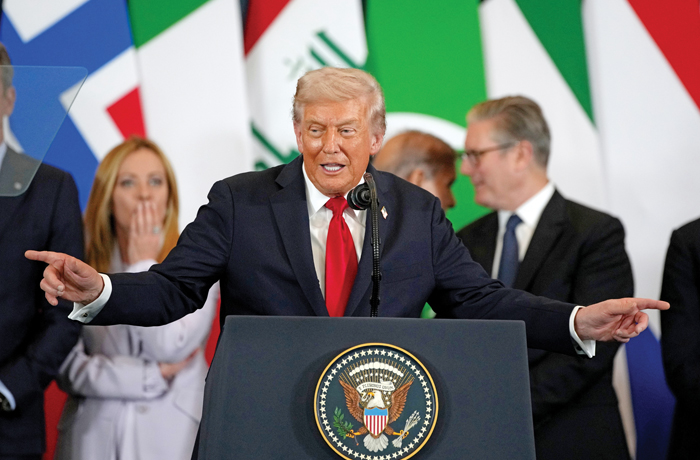 President Donald Trump speaks in Sharm el Sheikh, Egypt, during a summit confirming the end of war in Gaza, Oct. 13, 2025. (Amr Nabil/AP)