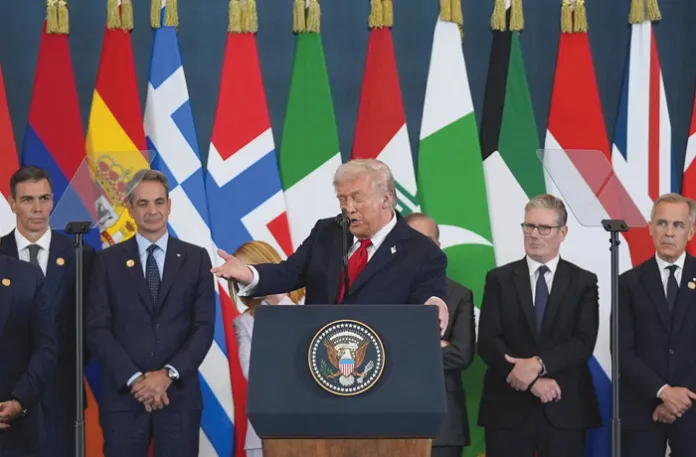 President Donald Trump speaks during a summit to support ending the Israel-Hamas war in Gaza after a breakthrough ceasefire deal on Oct. 13 in Sharm El Sheikh, Egypt. (Evan Vucci/AP Photo)