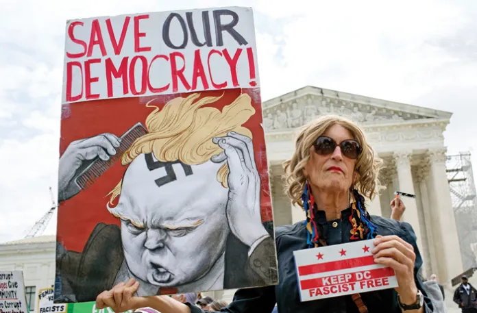 A protester outside the Supreme Court in Washington, D.C., April 25, 2025. (Plexi Images/GHI/UCG/Universal Images Group/Getty)