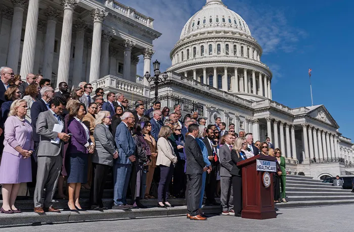 House Democrats speak about healthcare funding during the government shutdown at the Capitol on Oct. 15. (J. Scott Applewhite/AP)