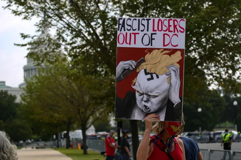 Anti-fascist counter-protestors demonstrate near the 