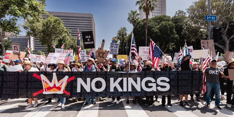 NO KINGS Immigration Protest shows all races protesting ICE raids of Trump Administration feature colorful signs in downtown Los Angeles, CA. (Photo by: Visions of America/Joseph Sohm/Universal Images Group via Getty Images)