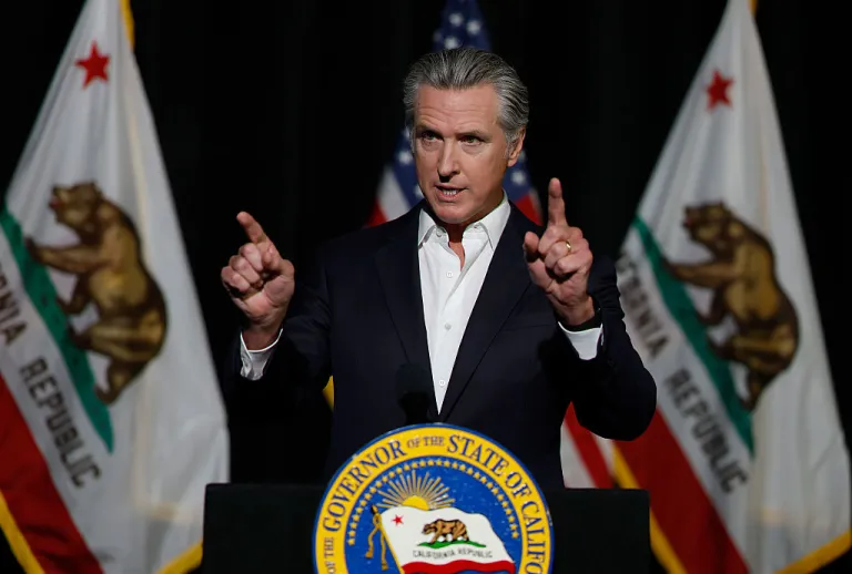 California Gov. Gavin Newsom speaks to reporters after he participated in a fireside chat at the California Economic Summit on October 22, 2025 in Stockton, California. Gov. Newsom answered questions about the Trump administration's plans to deploy border patrol officers and the National Guard to San Francisco. (Photo by Justin Sullivan/Getty Images)