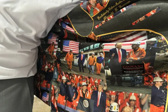 Various pictures of Trump interacting with steel workers.
