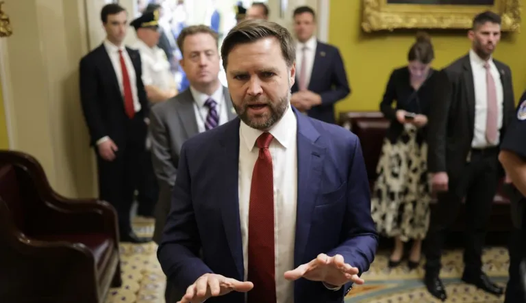 Vice President JD Vance speaks to reporters after a Senate Republican lunch on Tuesday, Oct. 28, 2025.