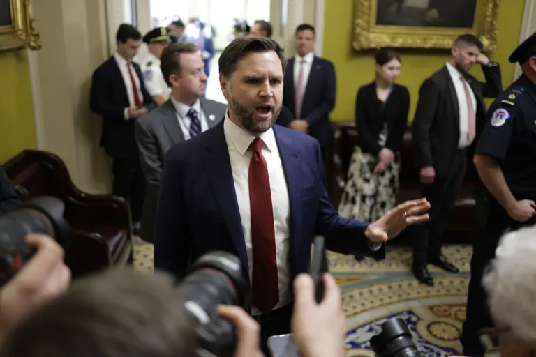 Vice President JD Vance speaks to reporters after a Senate Republican lunch on Tuesday, Oct. 28, 2025.