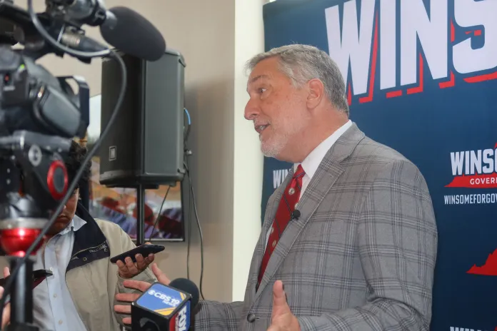 Republican lieutenant governor candidate John Reid gaggles with local press during a campaign stop in Charlottesville on Oct. 29, 2025. (Samantha-Jo Roth, Washington Examiner)