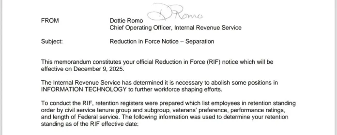 An example of a reduction in force notice received by an employee at the Internal Revenue Service. (Samantha-Jo Roth, Washington Examiner)