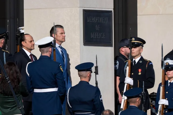 War Secretary Pete Hegseth welcomes Qatar Minister of Defense Sheikh Saoud Al Thani.