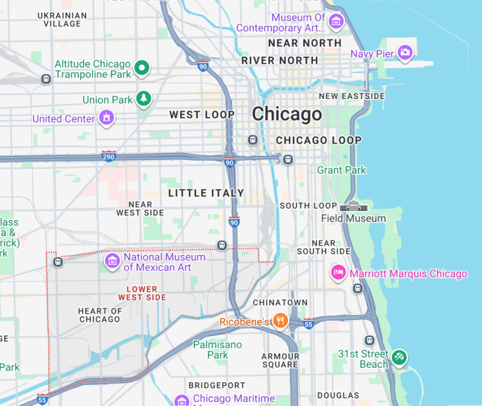 Screenshot: A Google Maps image shows the Pilsen and Little Village neighborhoods in Chicago where ICE and Border Patrol are being targeted. 