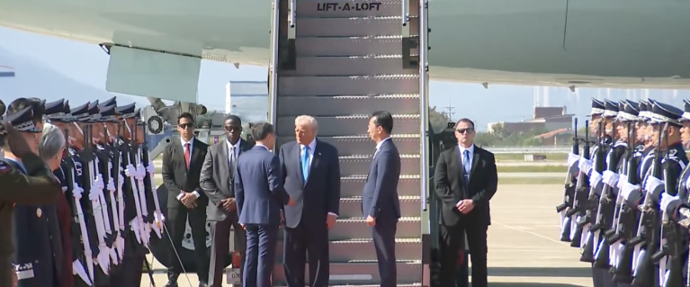 Trump landing in Busan, South Korea, on Wednesday, Oct. 29, 2025. (Credit: White House live stream)