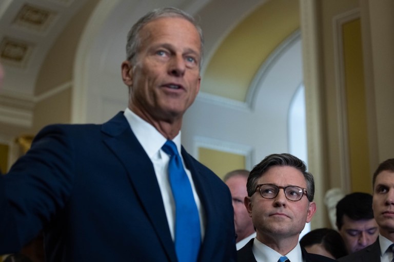Senate Majority Leader John Thune (R-SD), accompanied by House Speaker Mike Johnson (R-LA), speaks during a press conference following a Senate Caucus Luncheon on Capitol Hill, Tuesday, Oct. 7, 2025.