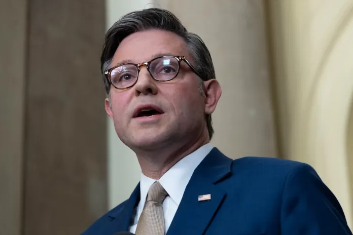 House Speaker Mike Johnson (R-LA), speaks during a news conference outside of his office at the US Capitol on the second day of the US government shutdown in Washington, DC, on October 2, 2025.