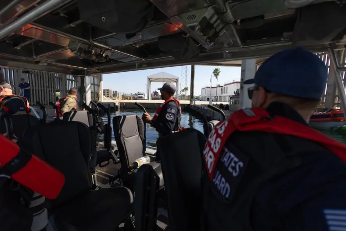U.S. Coast Guard officers conduct a patrol for illegal fishing vessels in the Gulf of America, South Padre Island, Texas.