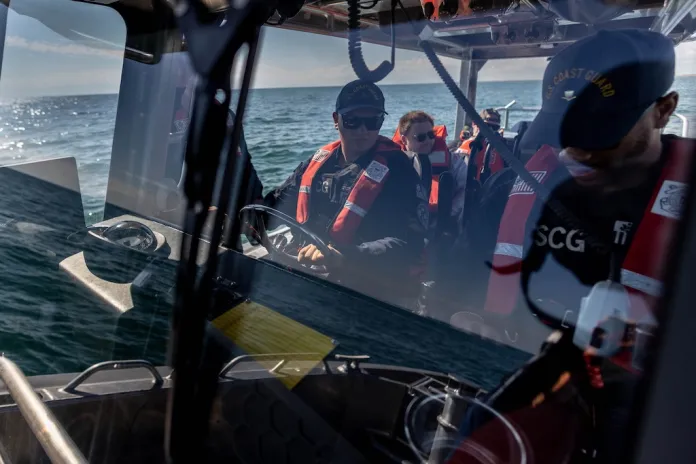 U.S. Coast Guard officers conduct a patrol for illegal fishing vessels in the Gulf of America, South Padre Island, Texas.