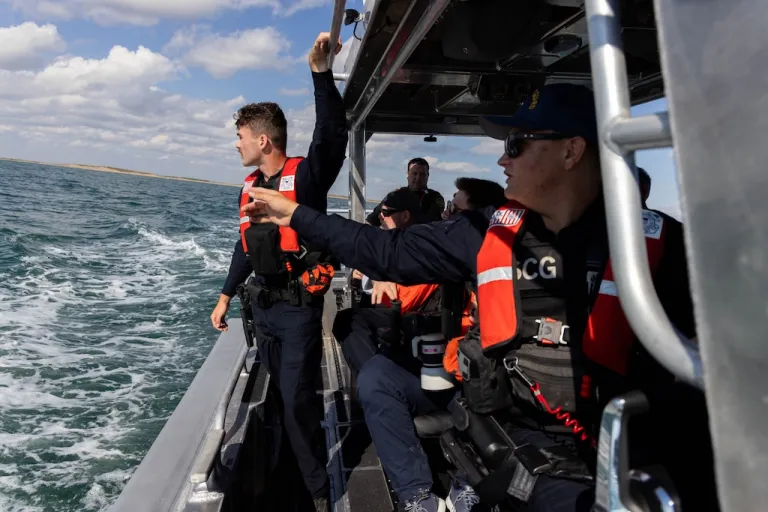 U.S. Coast Guard officers conduct a patrol for illegal fishing vessels in the Gulf of America, South Padre Island, Texas.