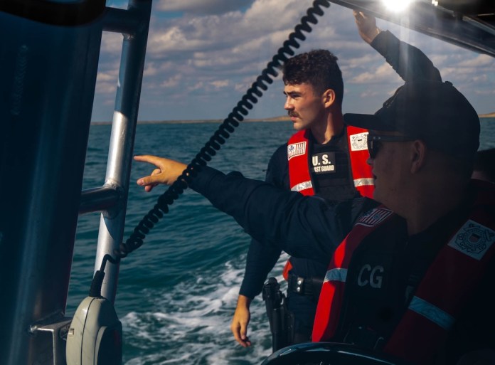 U.S. Coast Guard officers conduct a patrol for illegal fishing vessels in the Gulf of America, South Padre Island, Texas.
