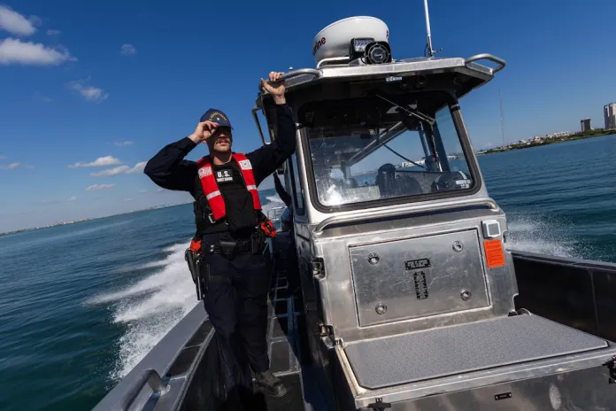 U.S. Coast Guard officers conduct a patrol for illegal fishing vessels in the Gulf of America, South Padre Island, Texas.
