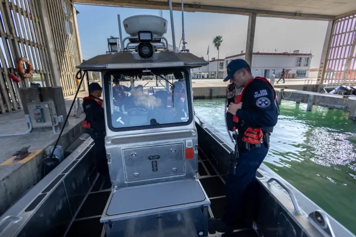 U.S. Coast Guard officers prepare to get underway from the U.S. Coast Guard Station in South Padre Island, Texas.