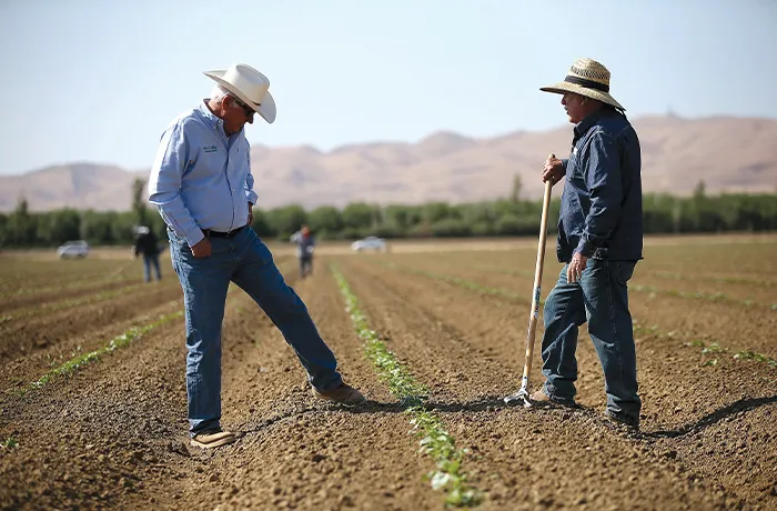 Joe Del Bosque, left, talks with a worker on his farm in Firebaugh, California. (Photo by Justin Sullivan/Getty Images)
