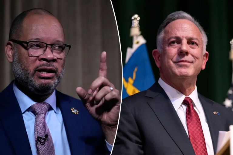 A collage of Nevada Attorney General Aaron Ford and Republican Governor of Nevada Joe Lombardo.