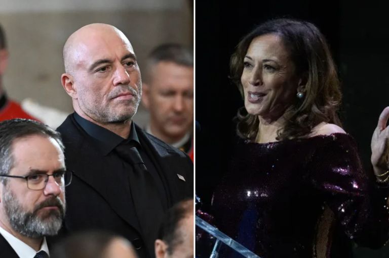 Podcast host Joe Rogan, left, and former Vice President Kamala Harris, right. (Saul Loeb/Pool photo via AP, and AP Photo/Cliff Owen)