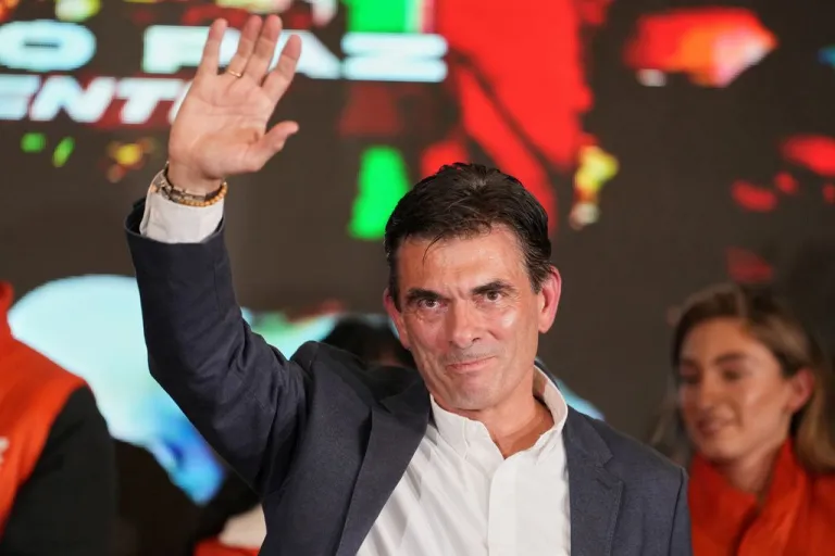 The winner of the 2025 Bolivian presidential election celebrates.